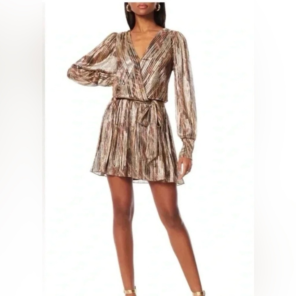 Ramy Brook Rumer Long Sleeve Faux Wrap Dress in Bronze Metallic Size S